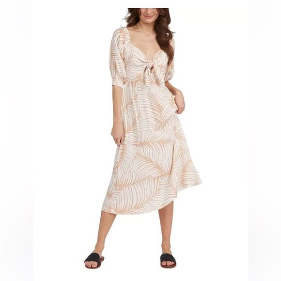 Roxy Tan & White Palm Tree Print Tie Front Casual Summer Midi Dress - Picture 1 of 9